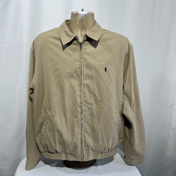 VTG Polo Ralph Lauren Men Sz L Jacket Beige Full Zip Harrington Plaid Lined pony